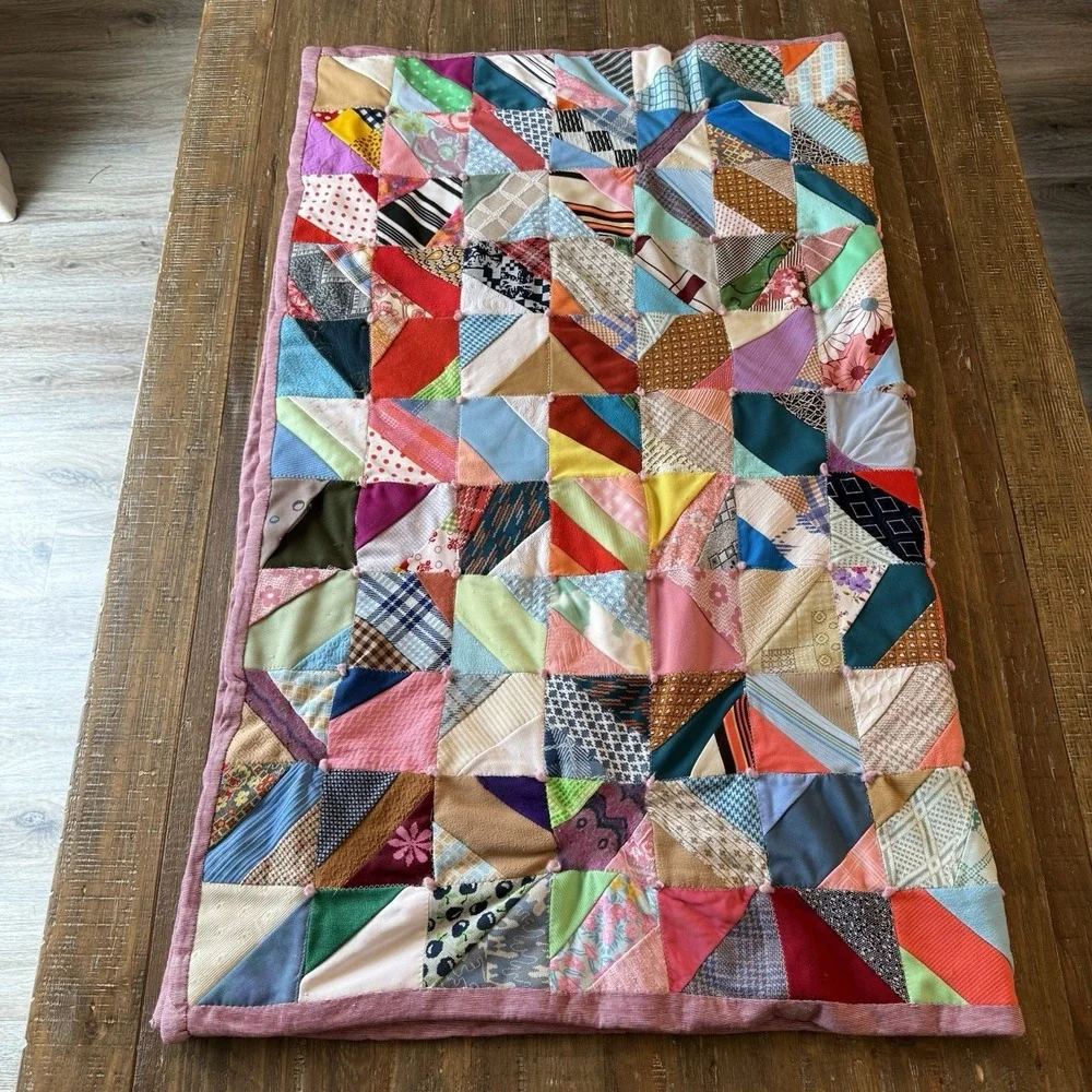 Vintage 70s Crazy Groovy Quilt Handmade Colorful Patchwork Blanket 45x55 READ